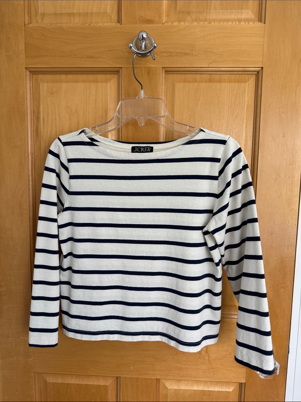 J. Crew White and Navy Striped Boatneck Long-Sleeve Top